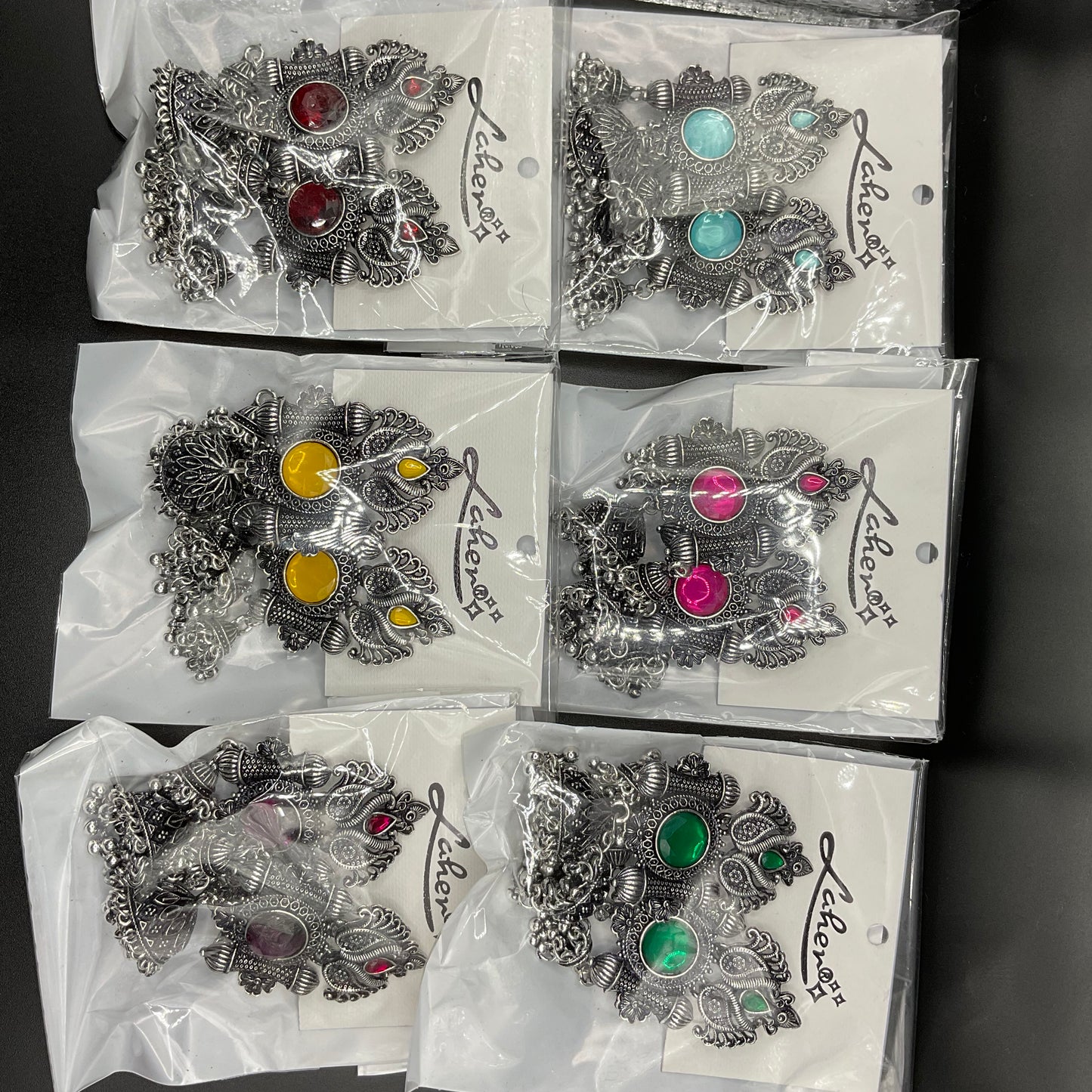 High quality, elegant oxidized jhumkas with coloured stones