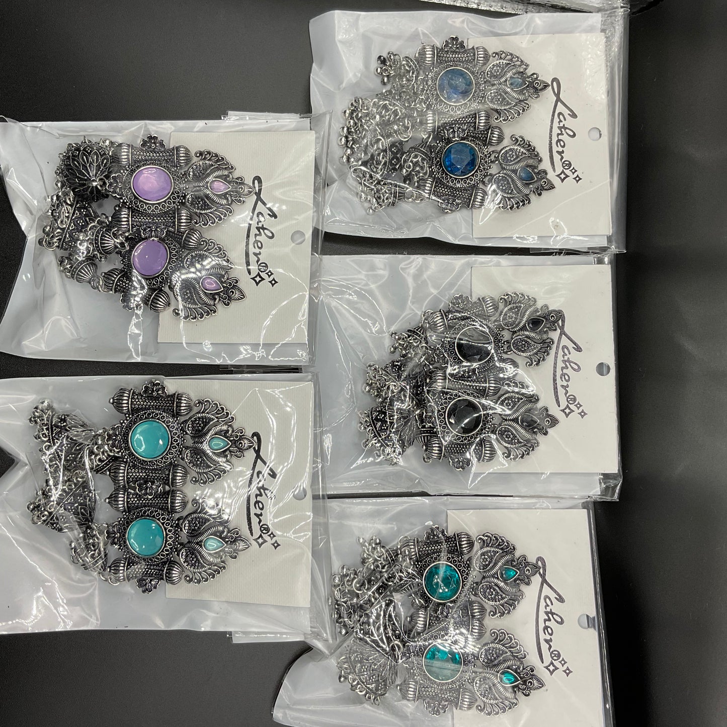 High quality, elegant oxidized jhumkas with coloured stones