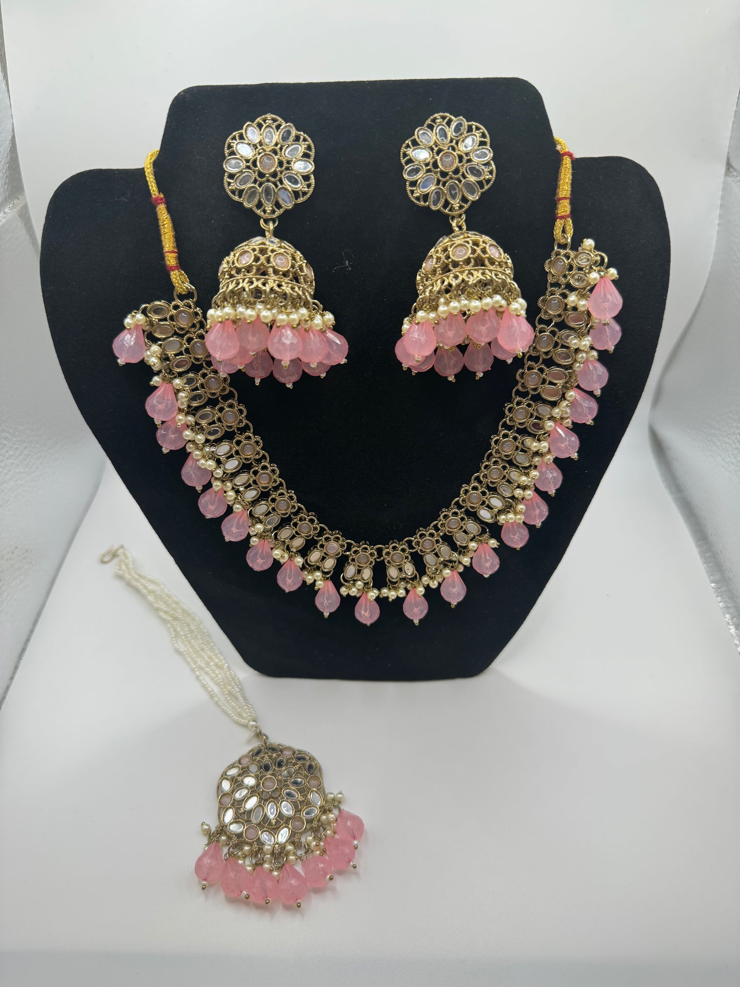 Pink Mirror Choker Set with Earrings and Tikka