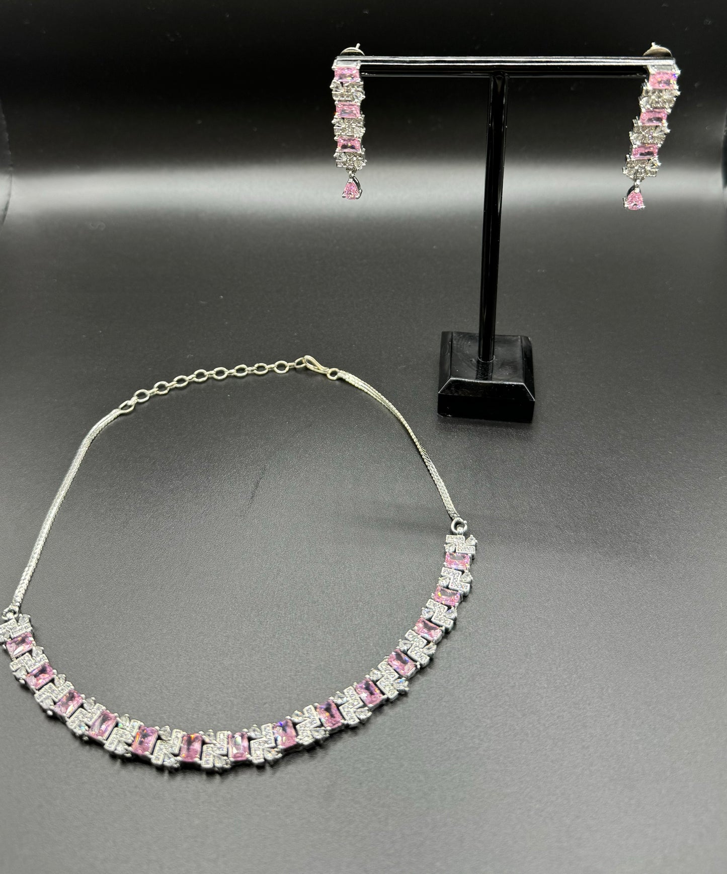Silver and Pink AD Choker with Earrings