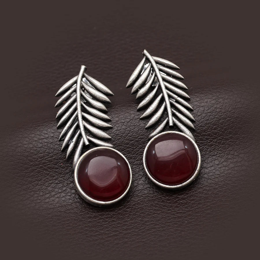 Maroon Monalisa Stone Leaf Oxidized Earrings