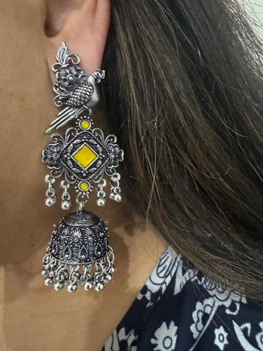 Beautiful Parrot Oxidized Earrings with Colourful Stones