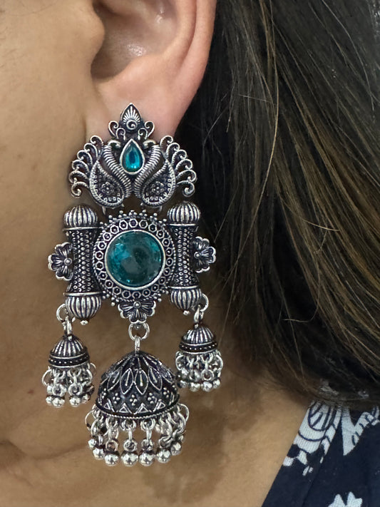 High quality, elegant oxidized jhumkas with coloured stones