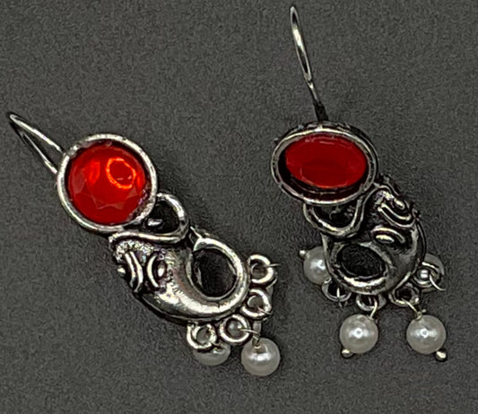 Lightweight and unique Ganpati oxidized stone earrings with pearls