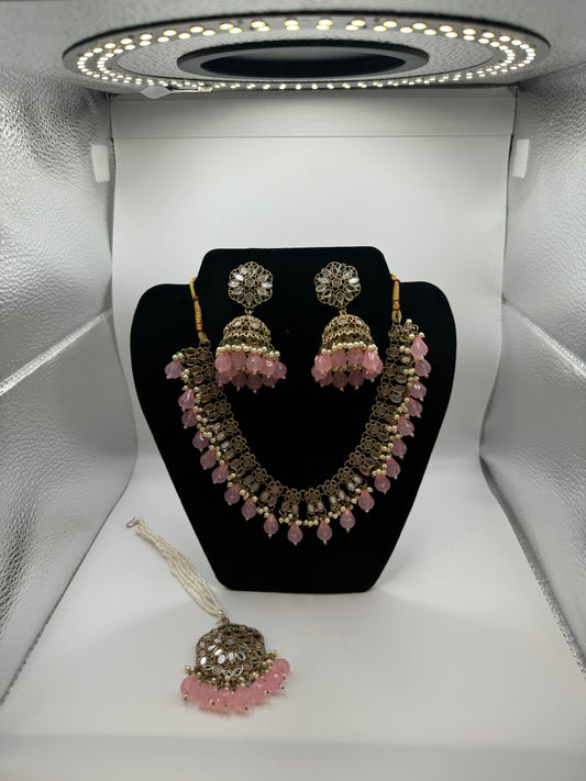 Pink Mirror Choker Set with Earrings and Tikka