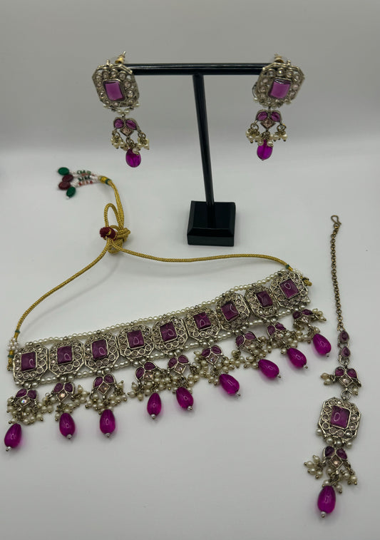 Mehndi Green and Purple Polki Reverse AD Stone Set
