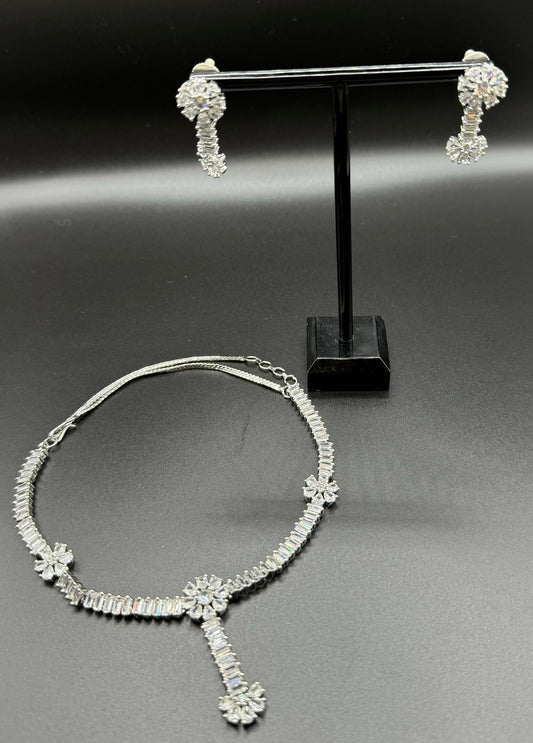 Silver Necklace with Flower Dangle with Earrings