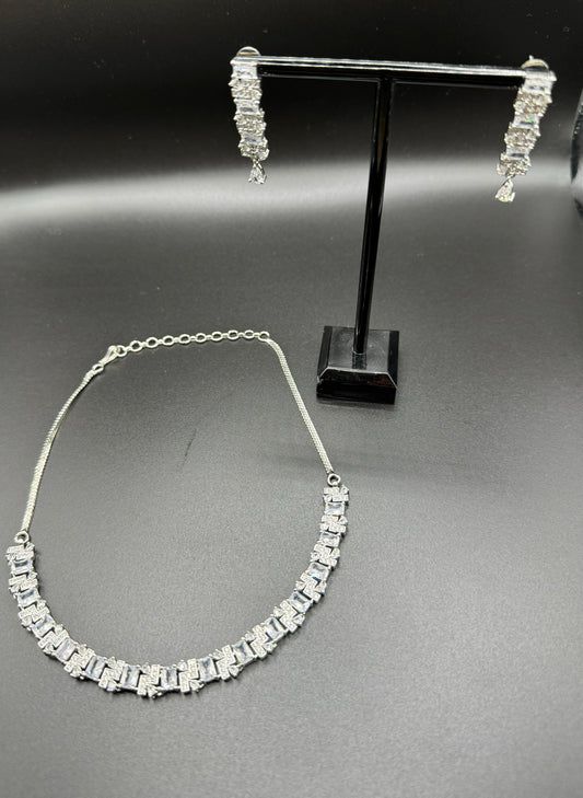 Silver and Pink AD Choker with Earrings