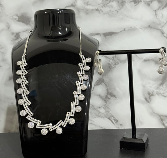 Silver Criss Cross with Ball Design Necklace with Earrings