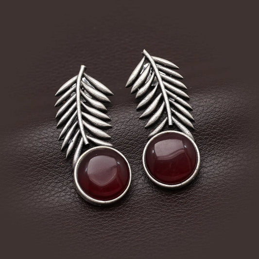 Maroon Monalisa Stone Leaf Oxidized Earrings