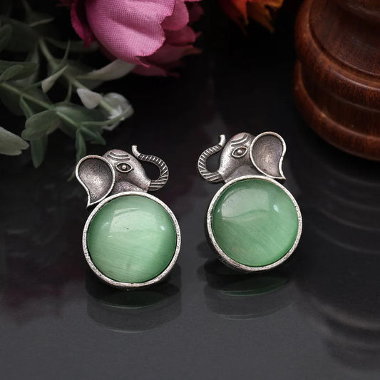 Monalisa Stone Pista Green and Blue Colour Oxidised Elephant Earrings