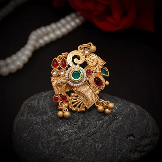 Red & Green Matte Gold Ring with Round Pearl Design