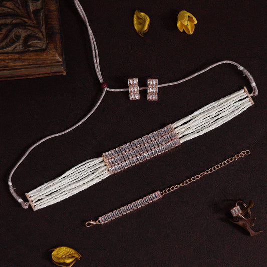 Rose Gold Stone Choker Necklace Set with Stud Earrings and Bracelet and ring